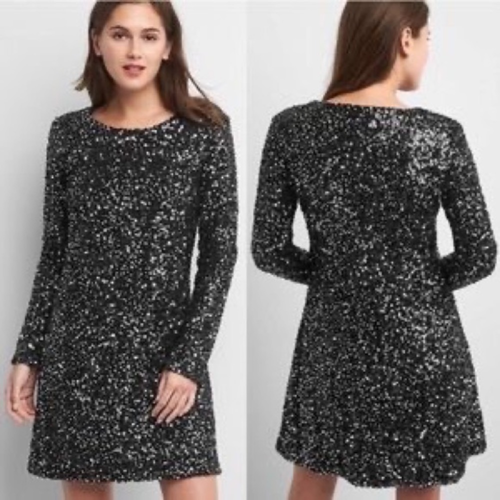 2/$30 NWT GAP Long Sleeve Black & Silver Sequin Dress small petite